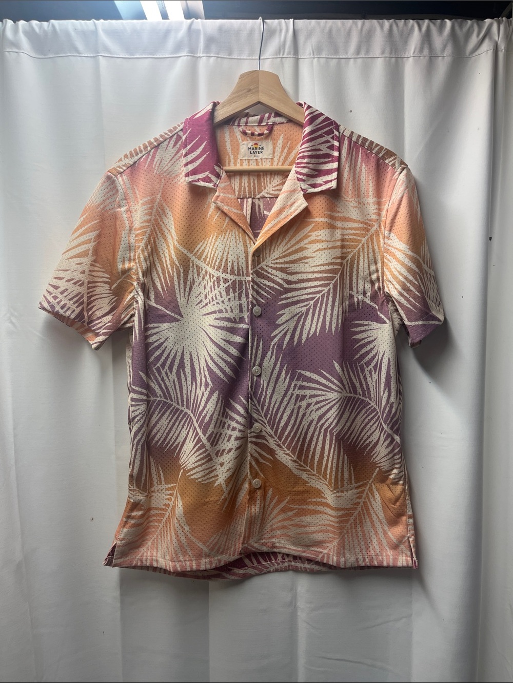 Marine Layer Orange Purple Sunset Frond Palm Mesh Button Down Shirt- S